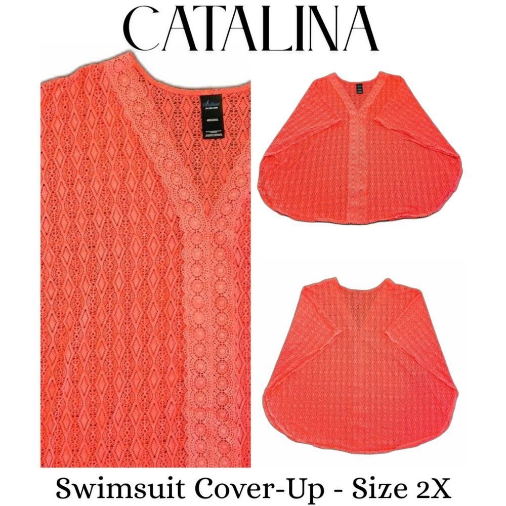 Catalina Women Swim Cover-Up Hot Pink Lace Crochet Size 2X
